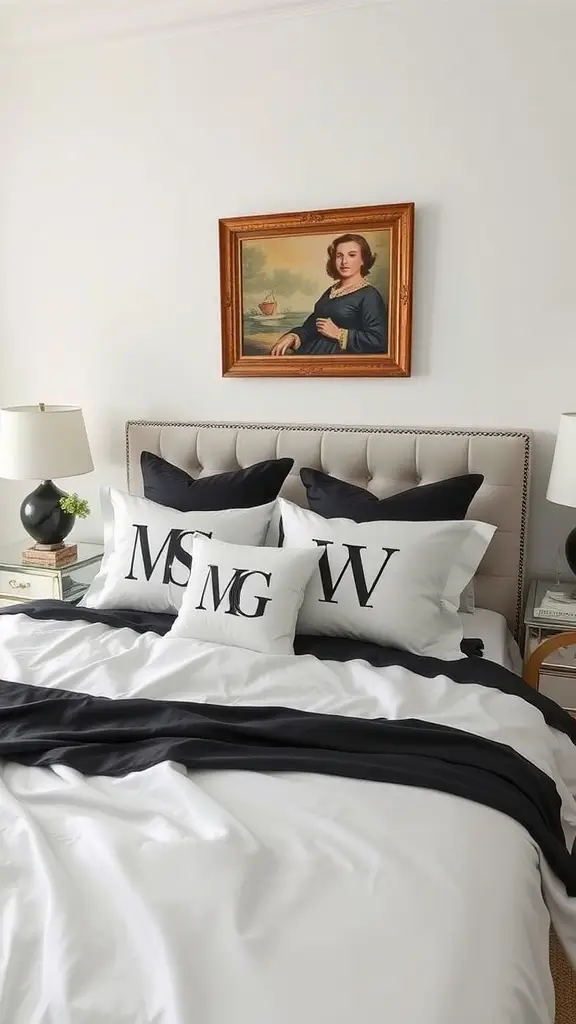 Elegant bedroom with white bedding and navy accents, featuring a classic portrait above the bed.