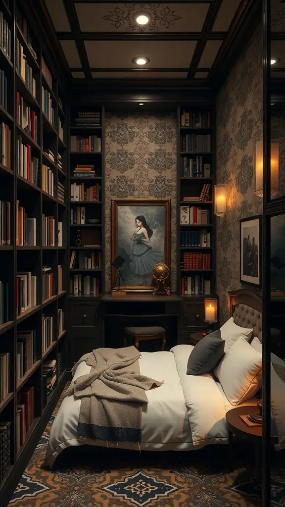 A cozy room with dark wallpaper, bookshelves, a plush bed, and candlelight, evoking a hidden, dramatic atmosphere.