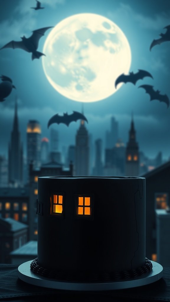 Gotham's Moonlit Night Cake with glowing windows and a dark chocolate exterior, set against a night city skyline.