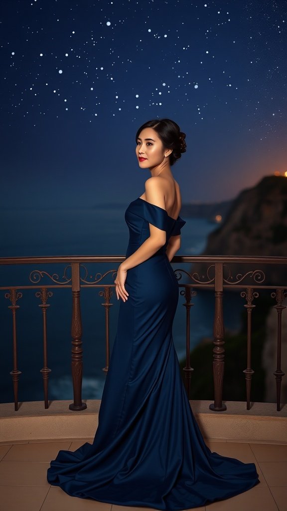 A woman wearing a midnight blue off-shoulder gown, posed by a balcony with a starry night sky in the background.