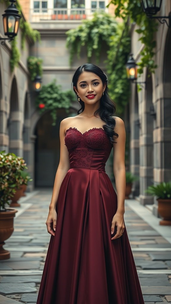 A woman in a burgundy corset dress with a dramatic skirt, standing in a stylish courtyard.