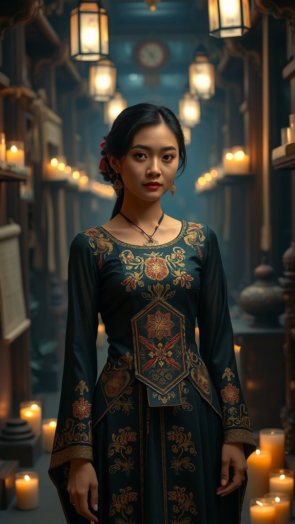 A model wearing a black and gold brocade evening dress with structured design and square neckline.