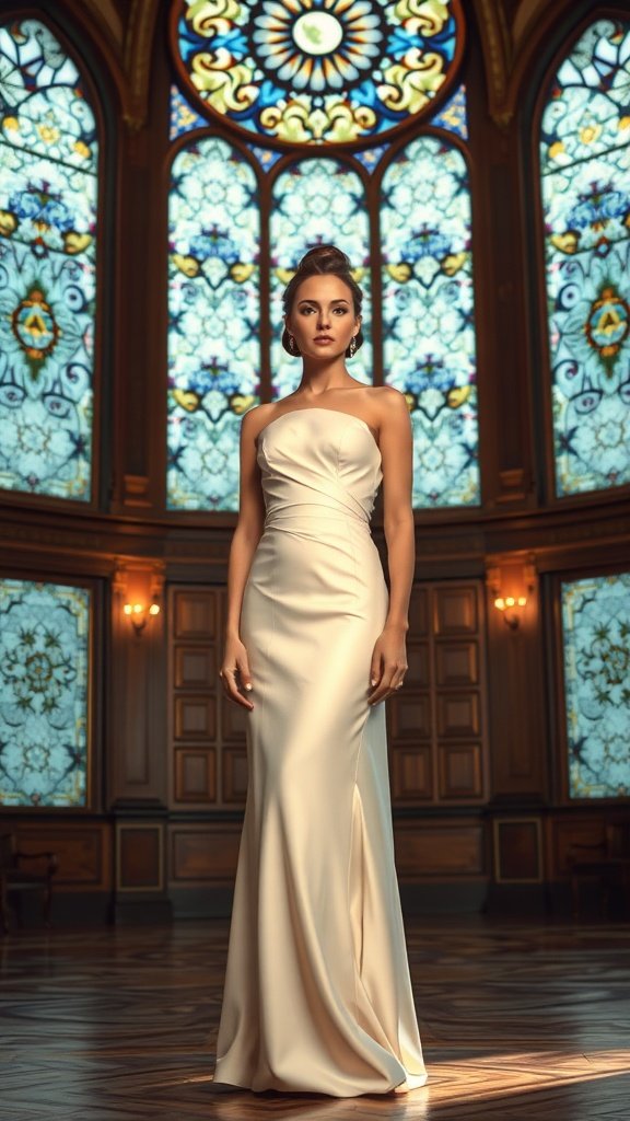 A model wearing a pearl white column dress with a sleek silhouette and minimal straps against a backdrop of stained glass windows.