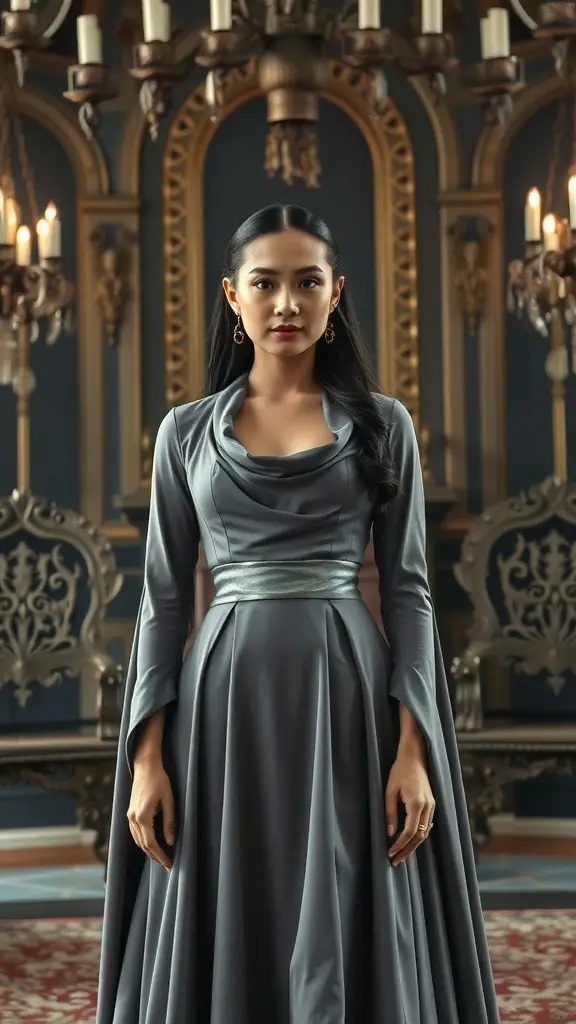 A model wearing a steel grey cowl neck dress with a draped neckline, in an elegant setting.