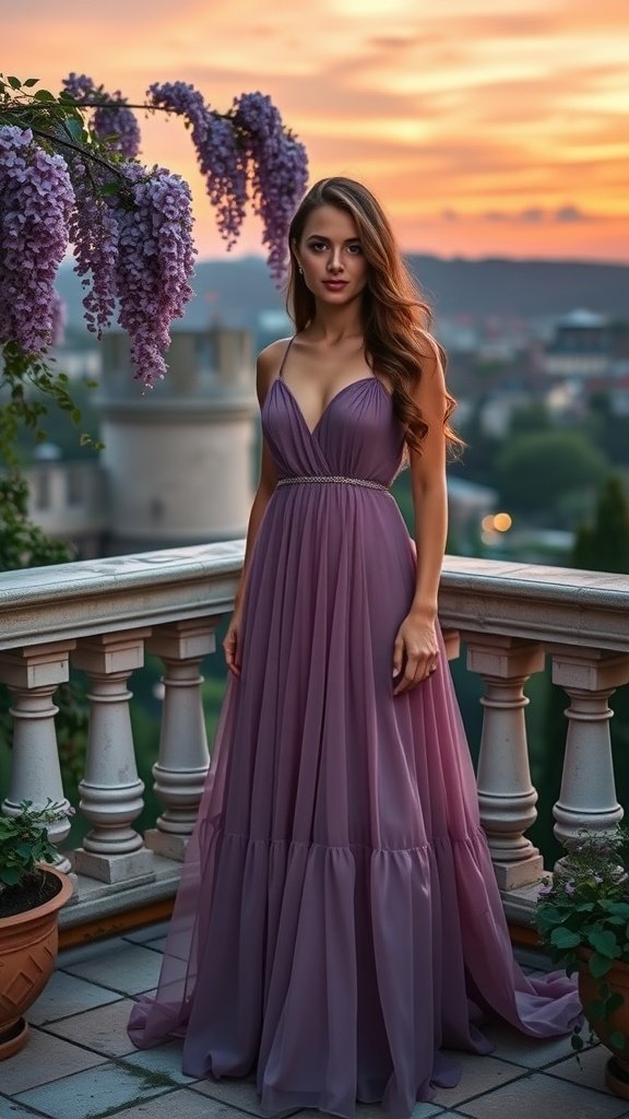 A woman in a mauve empire waist gown standing on a balcony with purple flowers and a sunset in the background.
