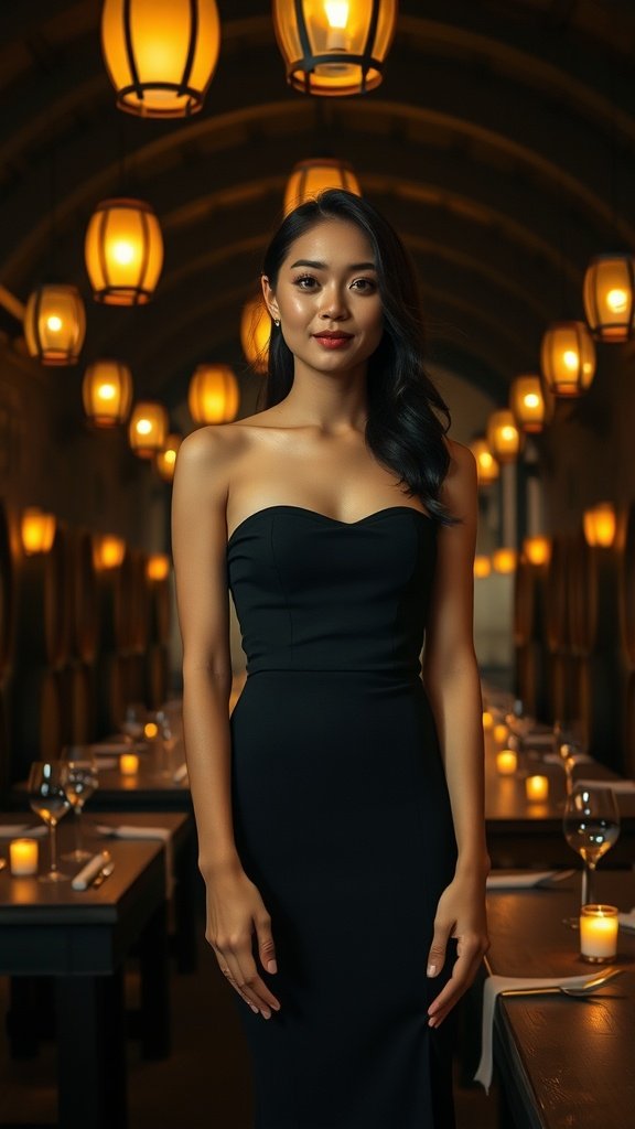 A woman in a jet black strapless dress standing in a dimly lit restaurant with warm lanterns.