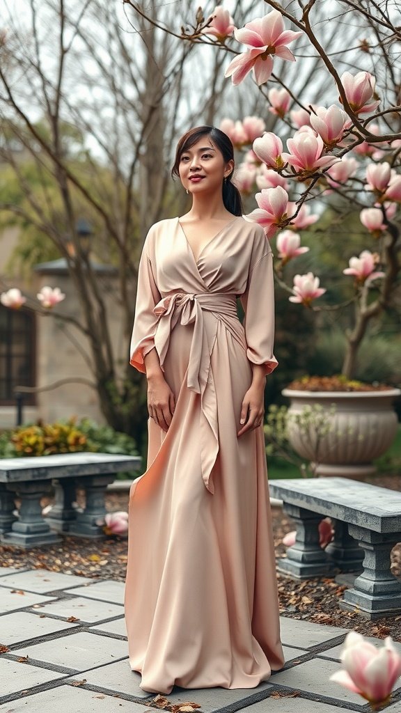 A woman wearing a dusty rose wrap gown with a deep V neckline, standing amidst blooming flowers.