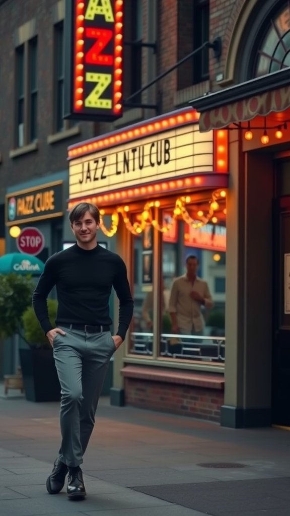 A man in a black lightweight turtleneck and gray trousers standing in front of a jazz club.