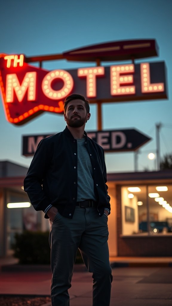 A man wearing a lightweight bomber jacket stands in front of a retro motel sign during dusk.
