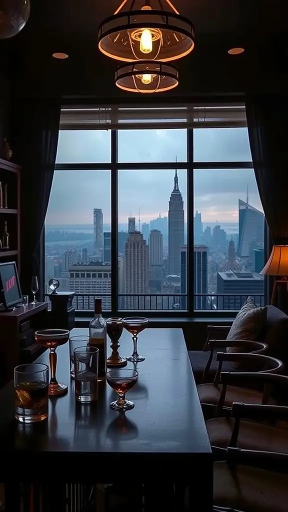 A stylish home bar with a view of the Gotham skyline, featuring glassware and an elegant drink selection.