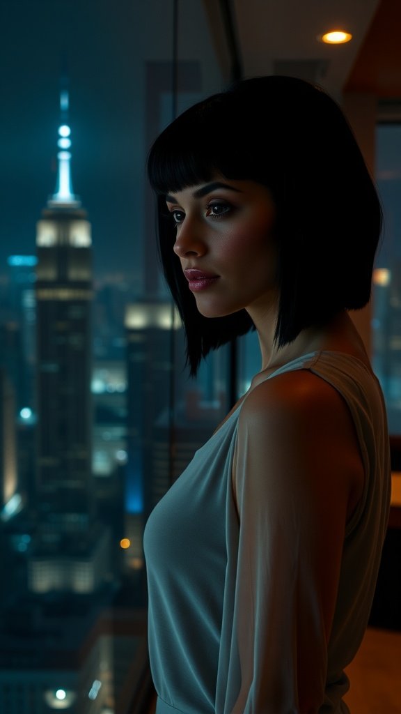 A woman with a sleek jet-black bob hairstyle gazing out at a city skyline at night.