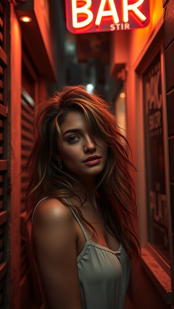 A young woman with tousled waves stands in an urban alleyway, illuminated by a neon 'BAR' sign.