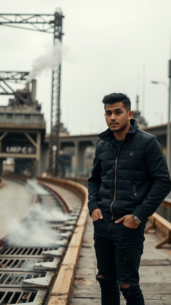 A young man with a side-swept undercut hairstyle, wearing a black jacket, standing in an urban environment.