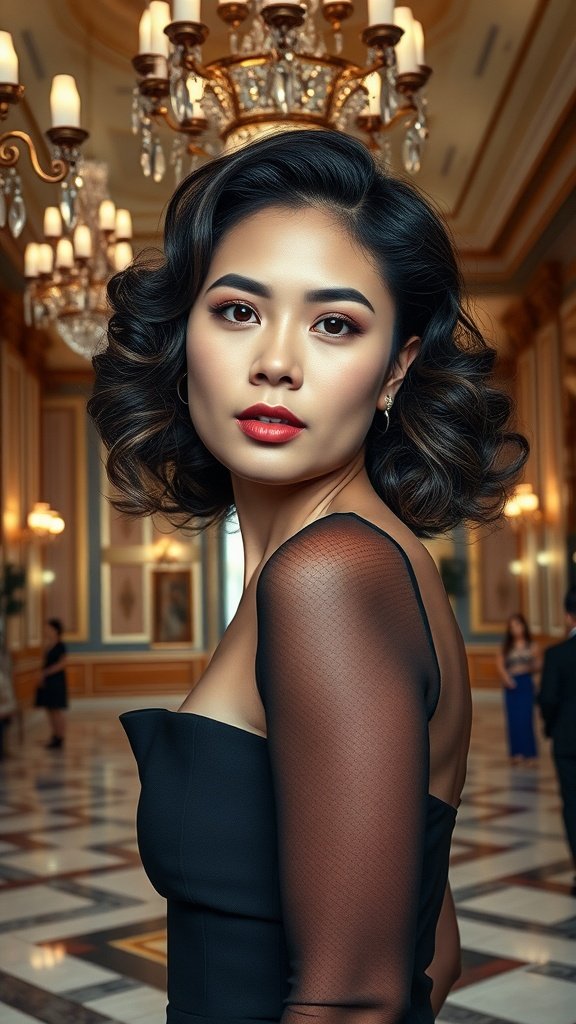 A woman with glossy barrel curls in an elegant setting, showcasing a glamorous hairstyle.