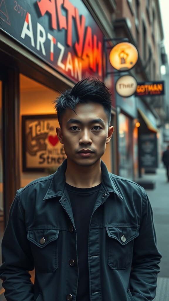 A person with a short textured crop hairstyle standing in an urban setting, reflecting a casual yet sharp aesthetic.