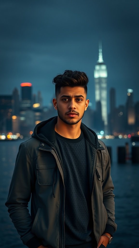 A young man with a curly top fade hairstyle, standing in front of a city skyline at dusk.