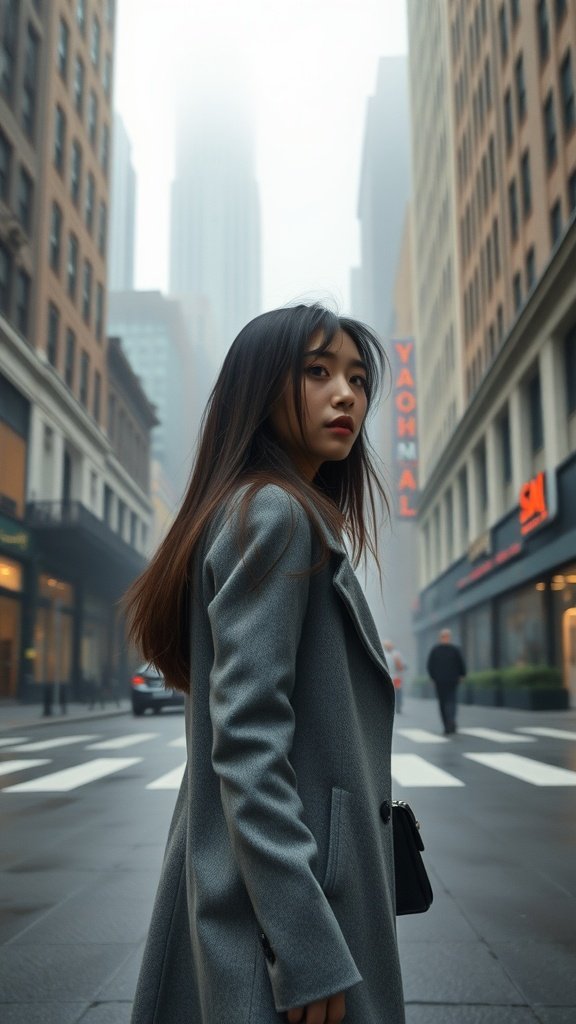A woman with long straight layers of hair, wearing a gray coat, standing in an urban setting with tall buildings and mist.