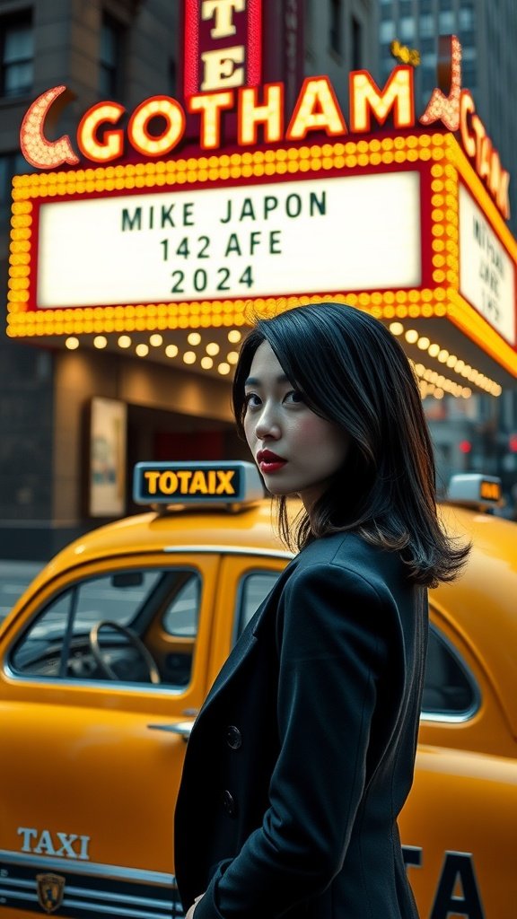 A woman with brushed-back hair styled in a confident, chic look, standing against a Gotham-themed backdrop with a yellow taxi.