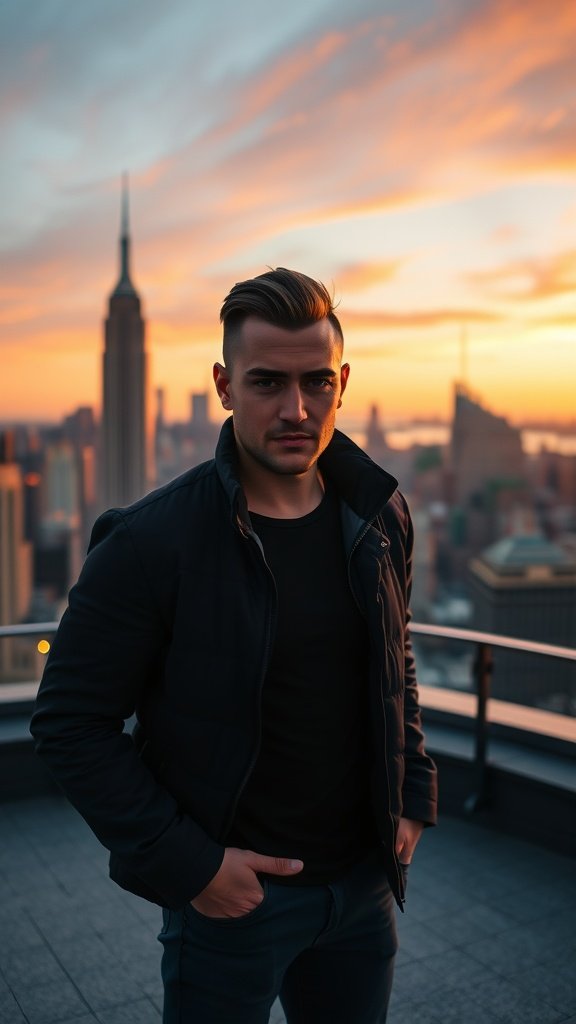 A man with a buzz cut stands confidently against a city skyline at sunset.