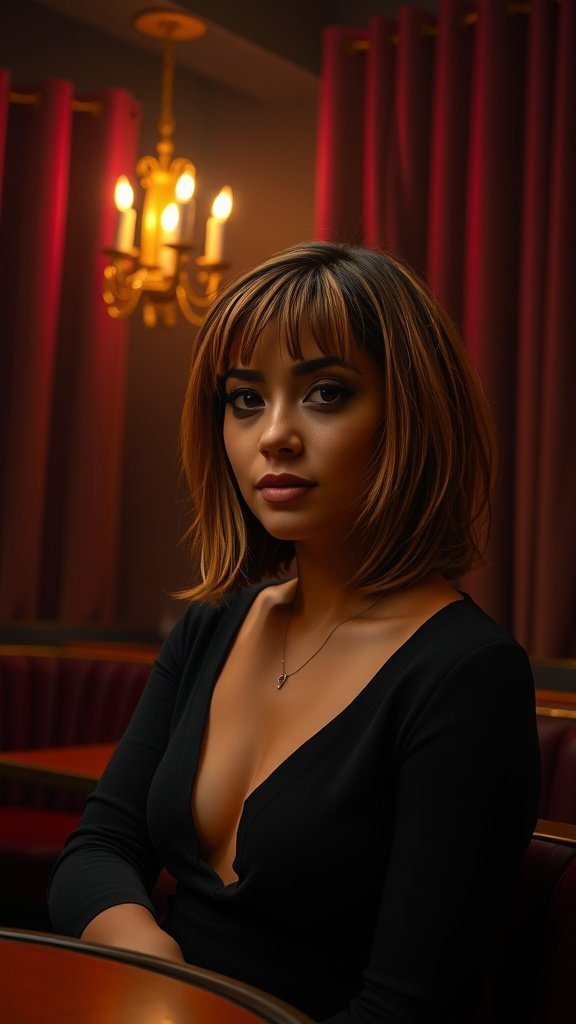 A stylish woman with a textured lob haircut and fringe, posing in a cozy, elegantly lit setting.