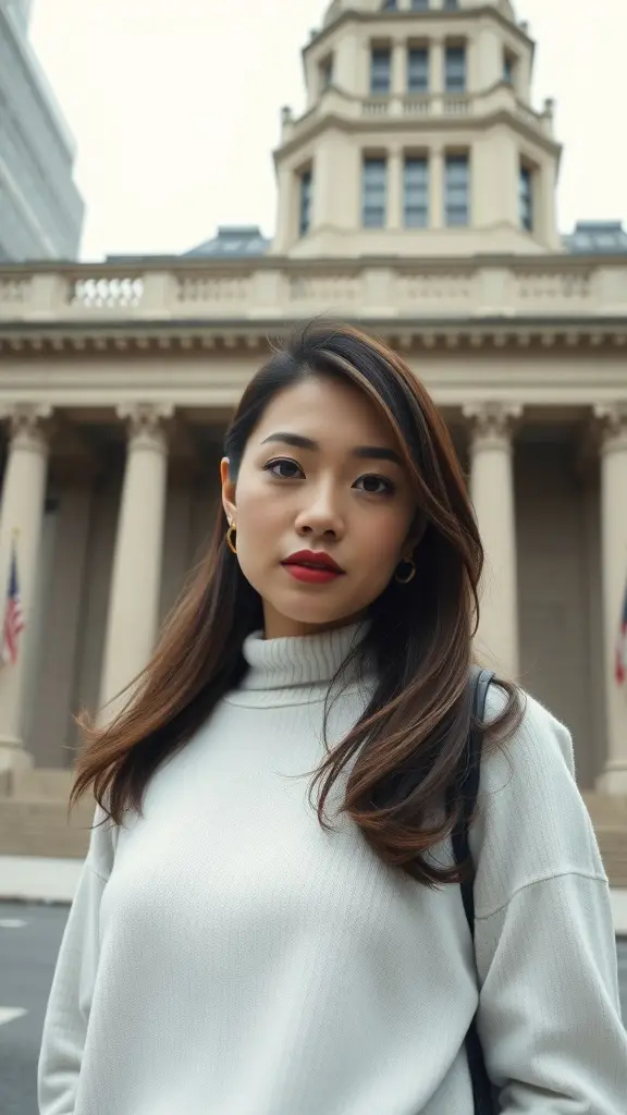 A woman with a mid-length sleek cut hairstyle, wearing a white sweater and standing in front of a grand building.