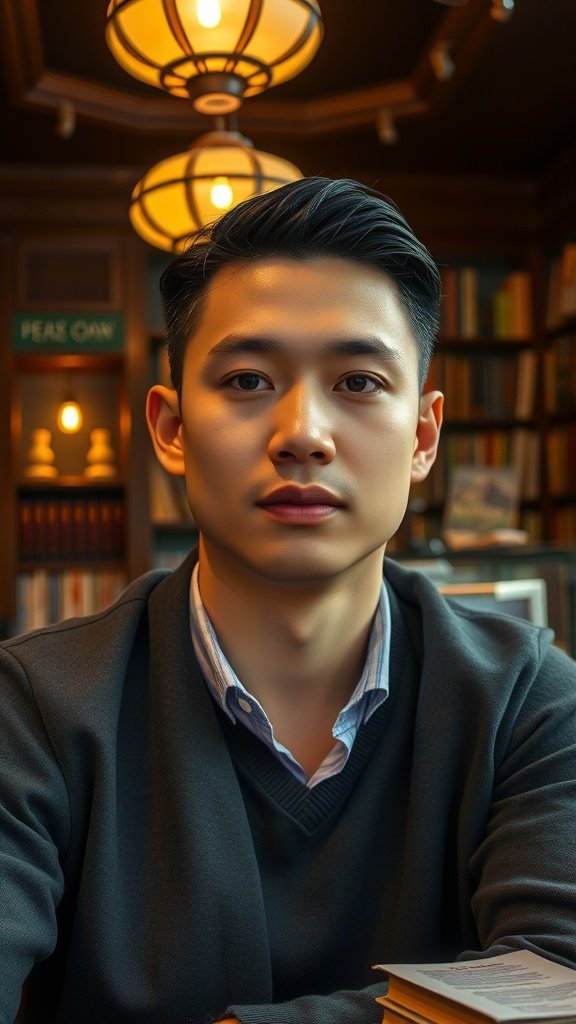 A man with an Ivy League haircut sitting in a cozy library setting with bookshelves and warm lighting.