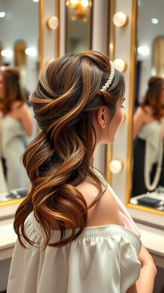 A woman with a stylish half-up twist hairstyle featuring a pearl headband, showcasing elegance and confidence.