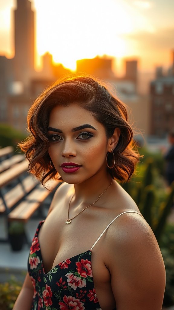 A woman with chin-length curls standing on a rooftop during sunset, with a city skyline in the background.