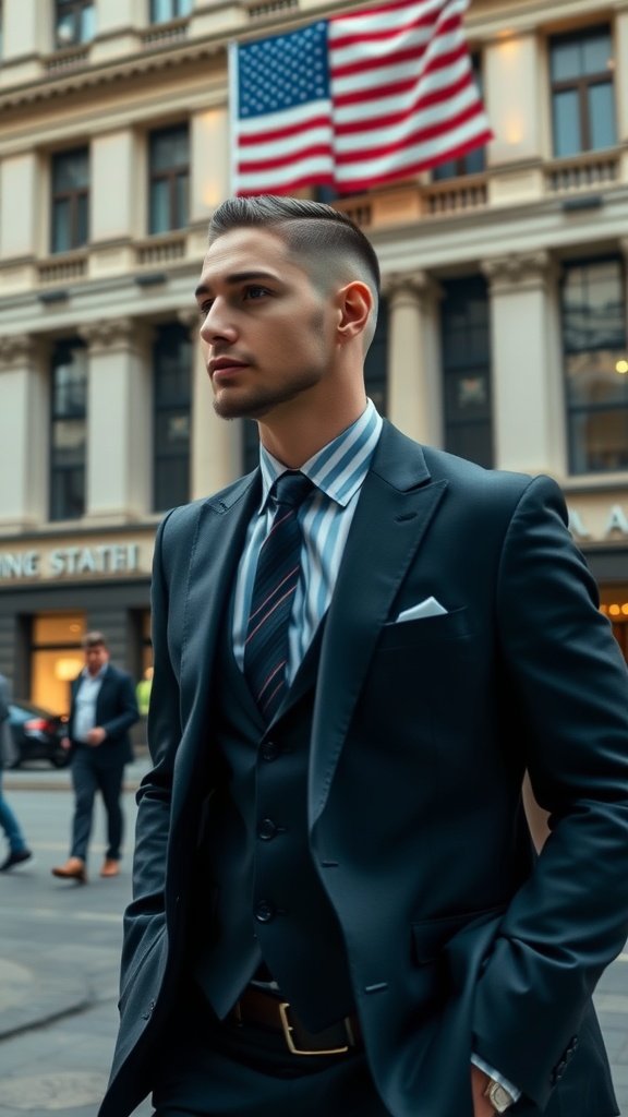 A stylish young man in a suit with slicked back hair and a taper fade, standing in an urban setting.