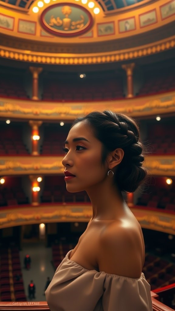 A woman with a crown braid updo hairstyle, standing in a grand theater setting.