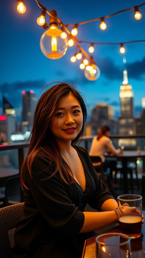 A woman with side-swept loose waves hairstyle sitting at a rooftop bar with city lights in the background.