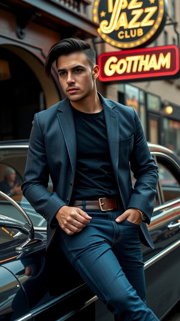 A stylish man with a side-part hairstyle, wearing a blazer, leaning against a car with a jazz club in the background.