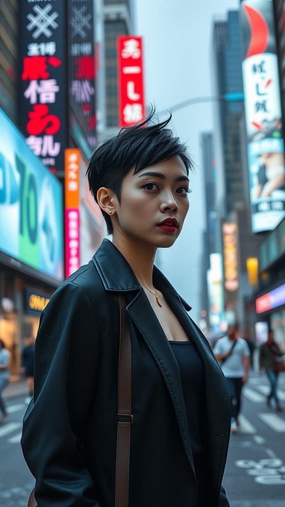 A woman with a razor-edged pixie cut stands confidently in an urban setting with colorful neon lights.
