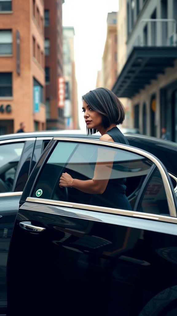 A woman with an asymmetrical bob hairstyle, standing next to a black car in an urban setting.
