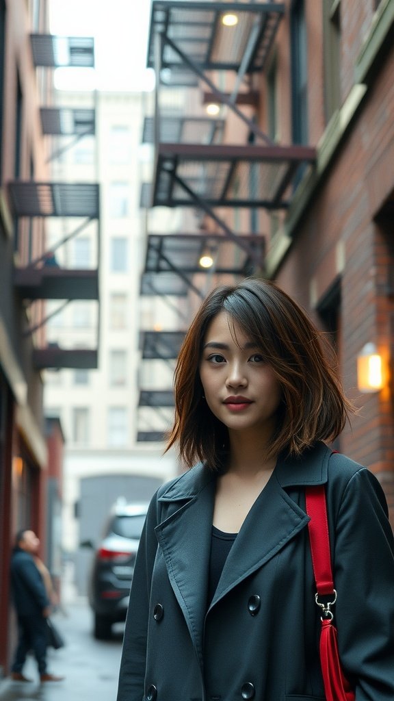 A woman with a layered shoulder cut hairstyle, standing in an urban alleyway.