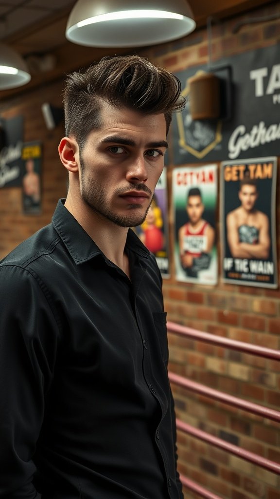 A young man with a retro pompadour hairstyle, wearing a black shirt, posing confidently.