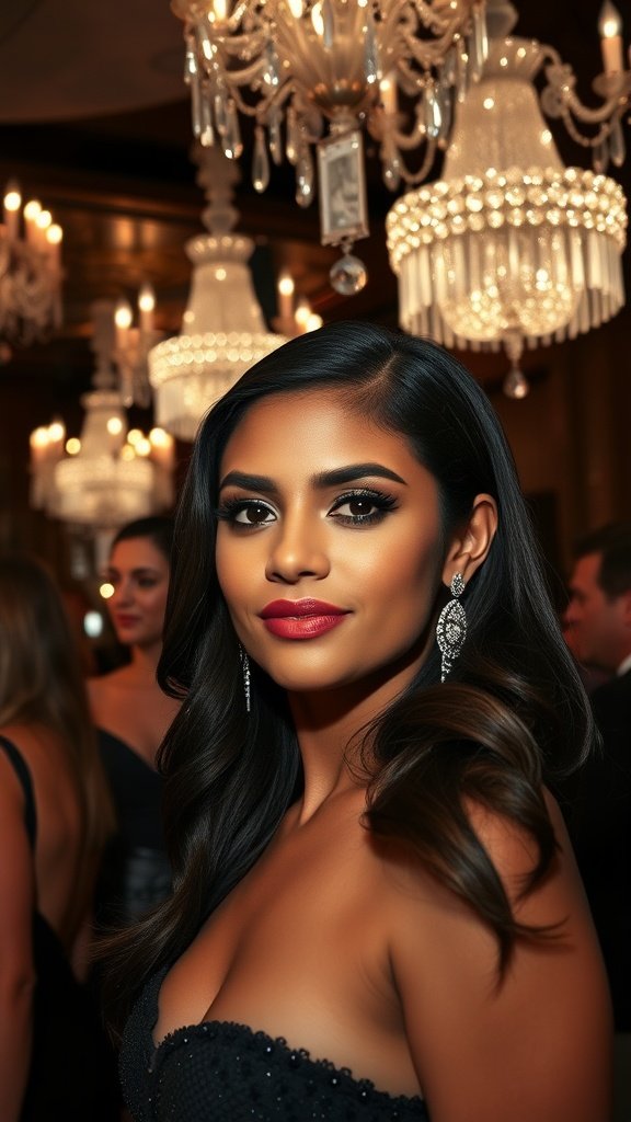 A woman with side-tucked glamour waves, showcasing a sophisticated hairstyle in a glamorous setting with chandeliers.
