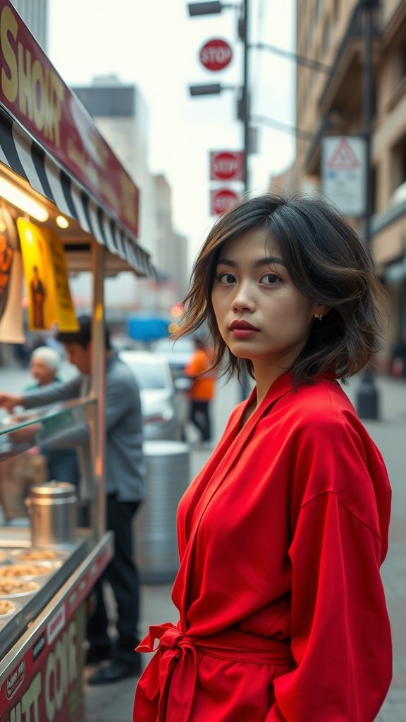 A woman with a wavy shag haircut wearing a red robe, standing in an urban environment.