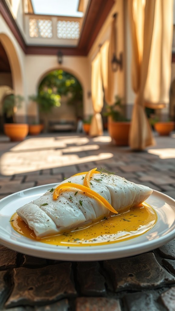 A beautifully plated saffron butter fish garnished with lemon slices.