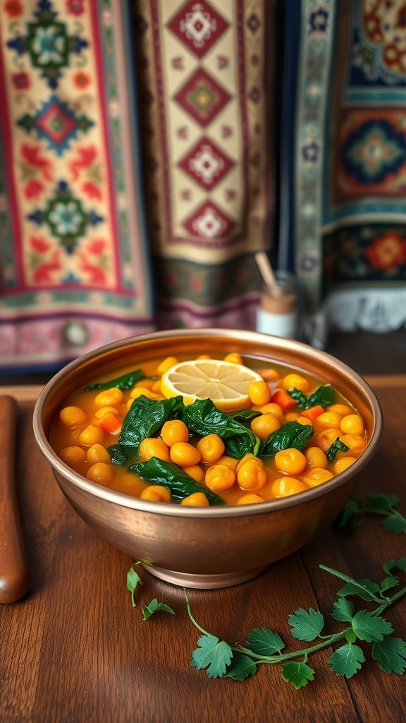 A bowl of golden chickpea stew with spinach and vegetables, garnished with lemon slices and herbs.