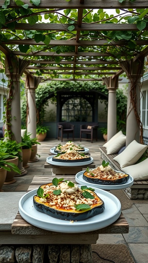 A plate of honey-roasted eggplant garnished with mint and feta cheese, presented elegantly.