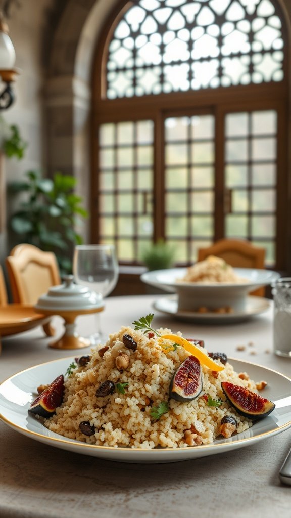 A plate of fluffy couscous topped with figs, walnuts, and garnished with parsley.