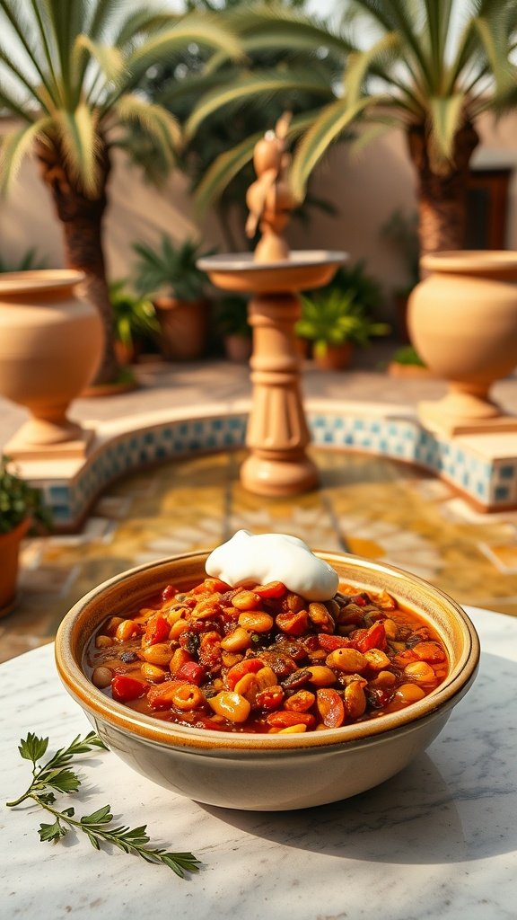 A cozy bowl of spiced tomato lentils garnished with cilantro and a dollop of cream.