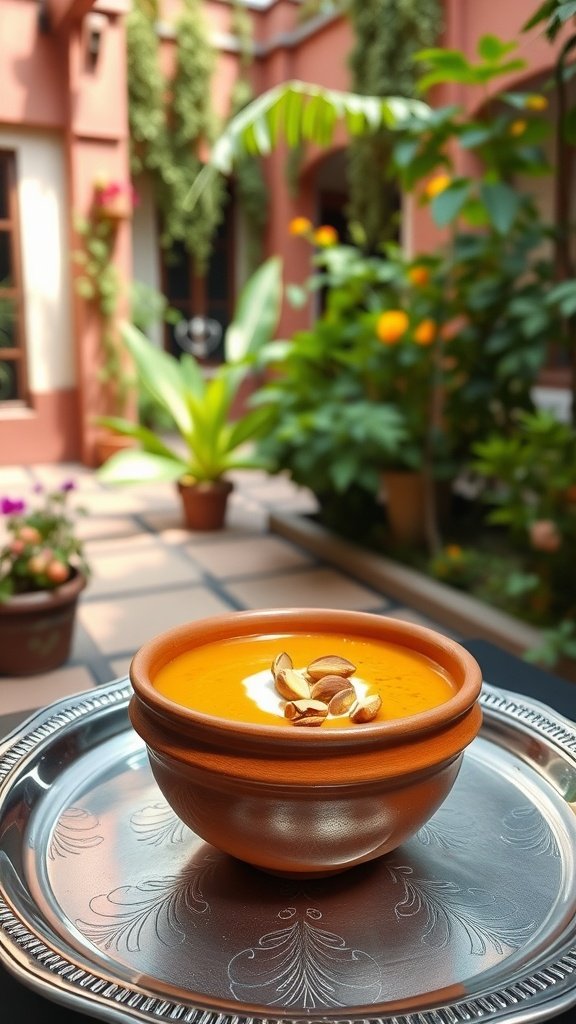 A bowl of creamy carrot cardamom soup garnished with nuts on a tray.