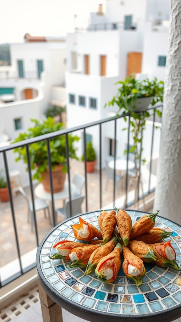 Golden zucchini flower fritters arranged on a colorful table.