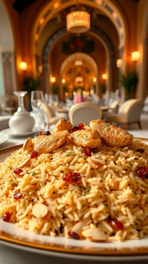 A plate of rosewater chicken pilaf garnished with almonds and cranberries