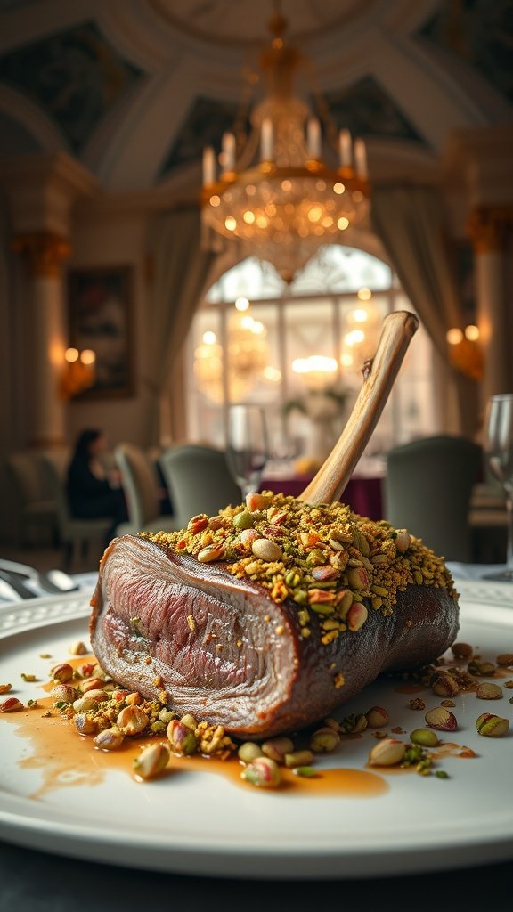 A beautifully plated pistachio-crusted lamb chop garnished with herbs and nuts.