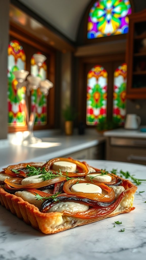 A beautifully baked caramelized onion tart with a golden crust and garnished with fresh herbs.