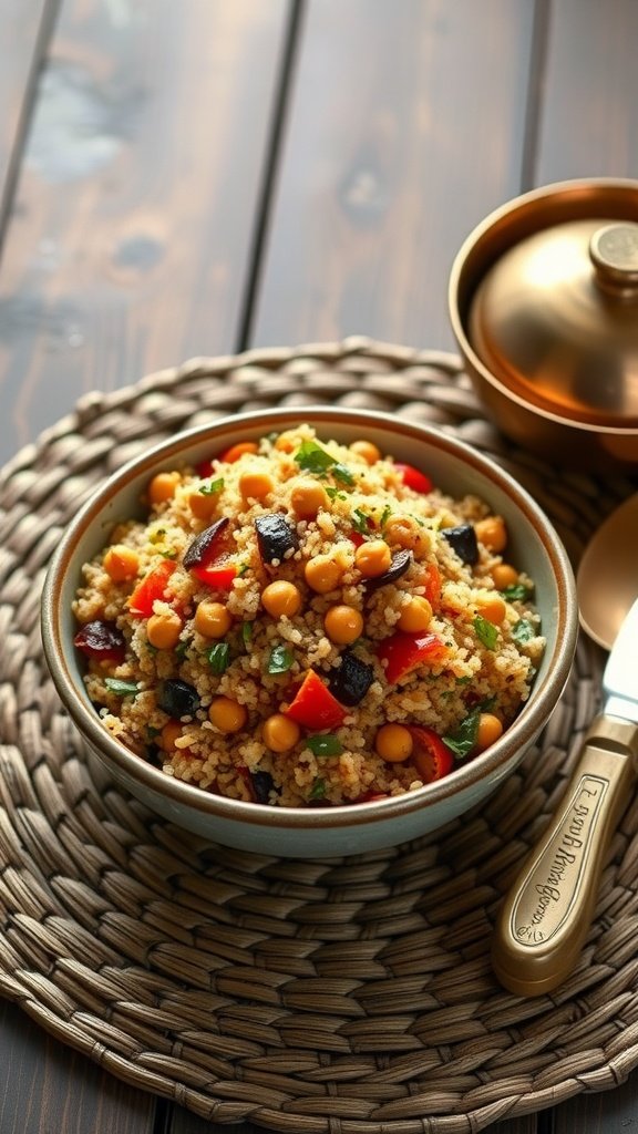 A bowl of warm spiced quinoa with chickpeas, cranberries, and colorful vegetables.