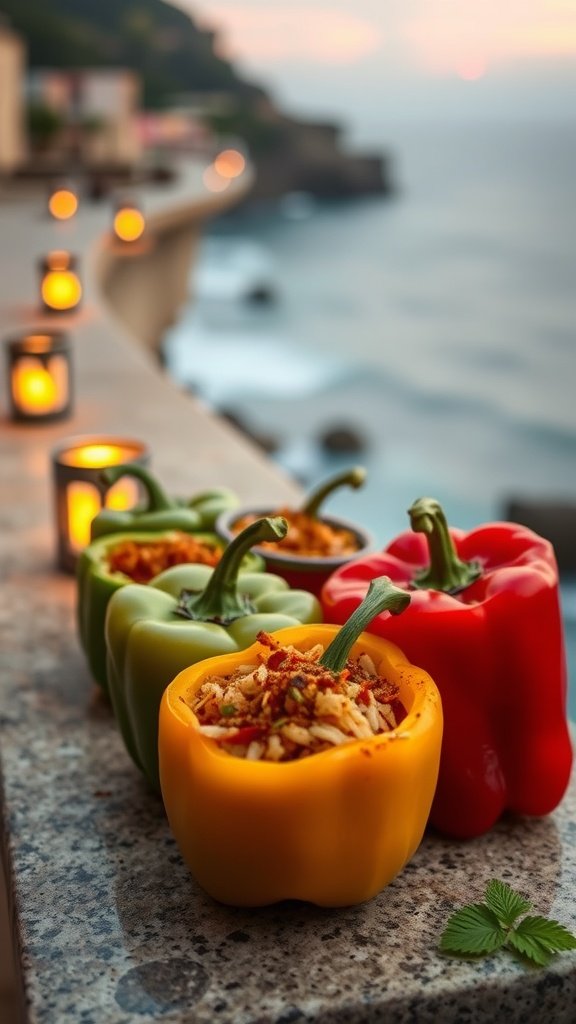 Colorful spiced rice stuffed peppers on a table near a scenic view.